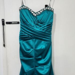 B Darlin Teal Backless Dress with Embellished Neckline